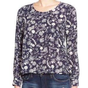 Anthropologie Astr Shirt Womens Small Navy Blue White‎ Floral Flower Longsleeve
